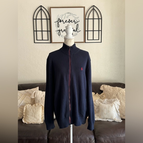 Polo Ralph Lauren Navy Blue Full Zip Cable Knit Sweater Men’s Size XL Classic - Picture 6 of 15